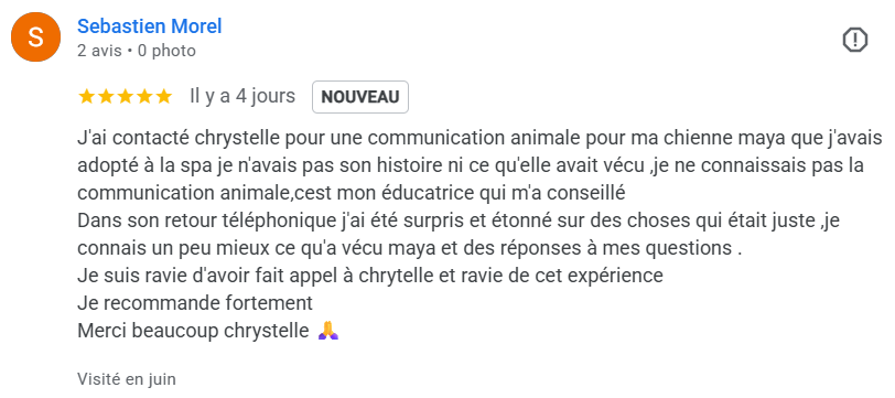 Avis client sur une communication animale avec Maya, chienne adoptée à la SPA